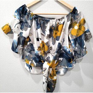 Womens Shein Floral Print Off-Shoulder Ruffle Sleeve Front-Tie Crop Top Size M